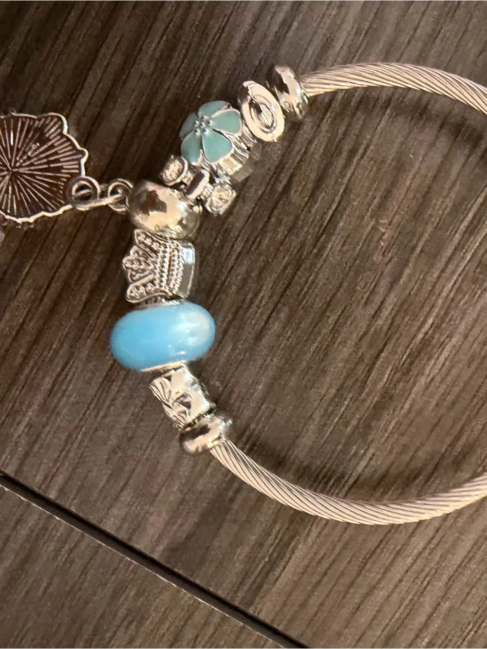 Silver Cable Charm Bangle with Blue Flower Beads and Hello Kitty Charm